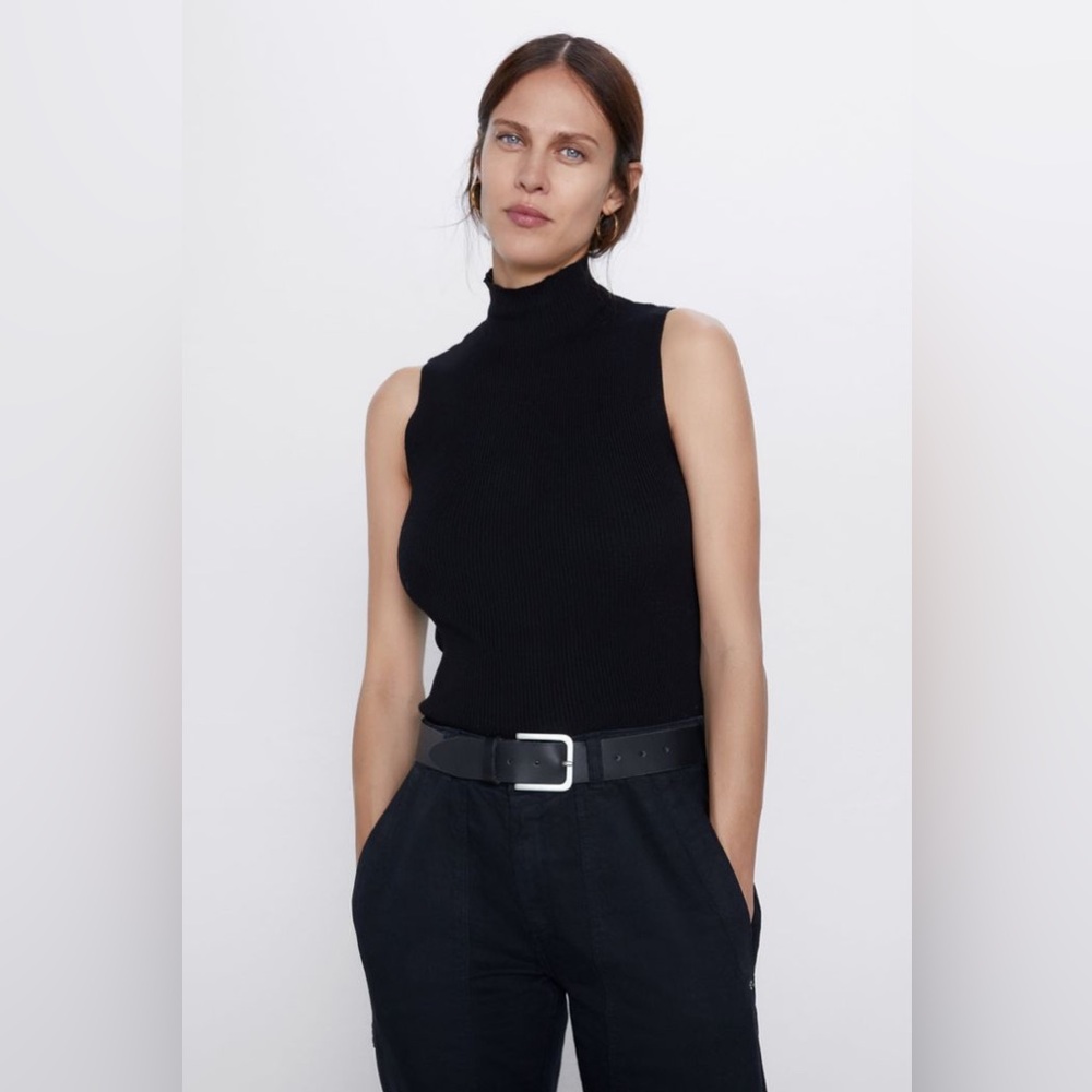 NWT Zara Black Ribbed Mockneck Turtleneck Sleeveless Top L